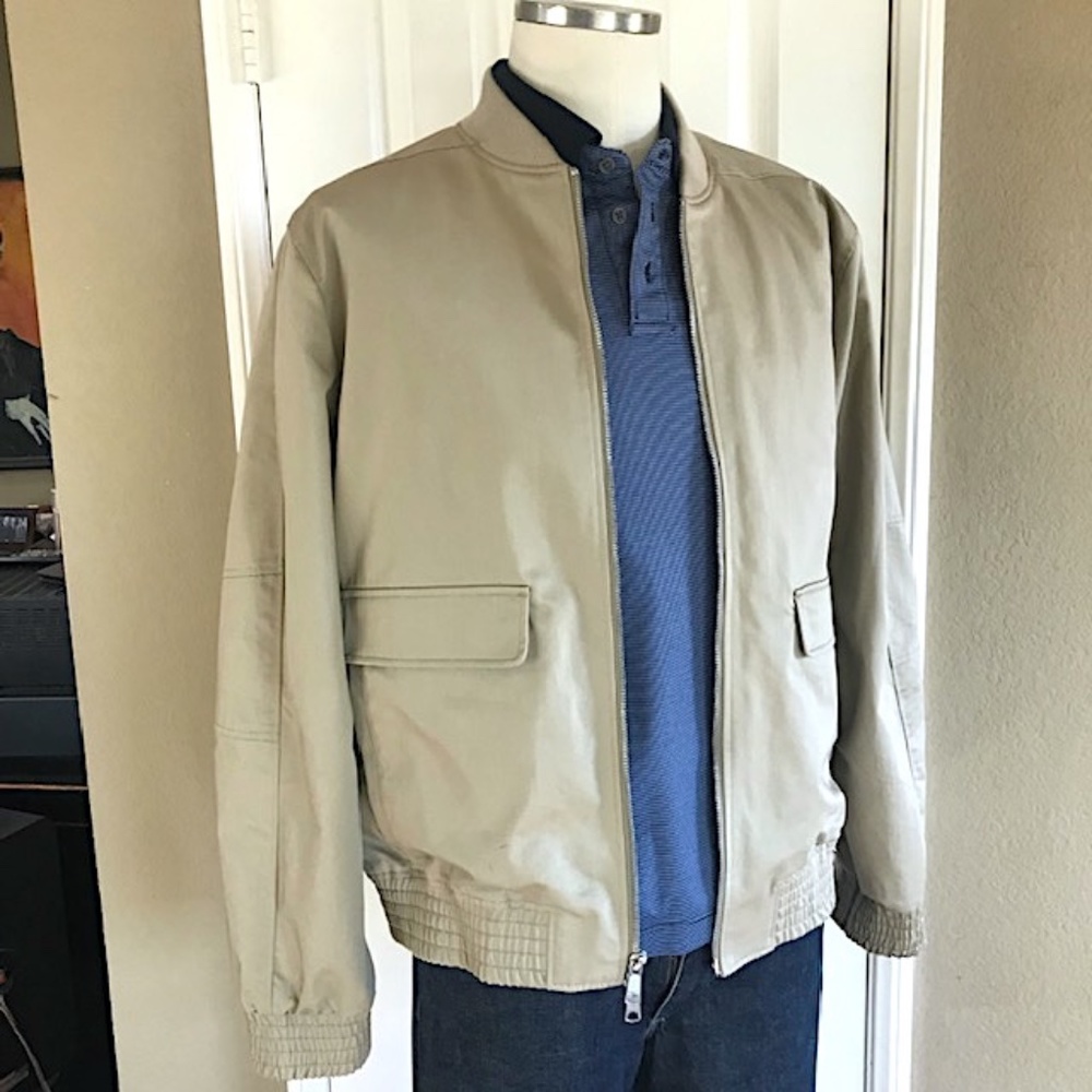 VINCE Flap-Pocket Cotton Bomber Jacket in Stone/Khaki EUC/sz L